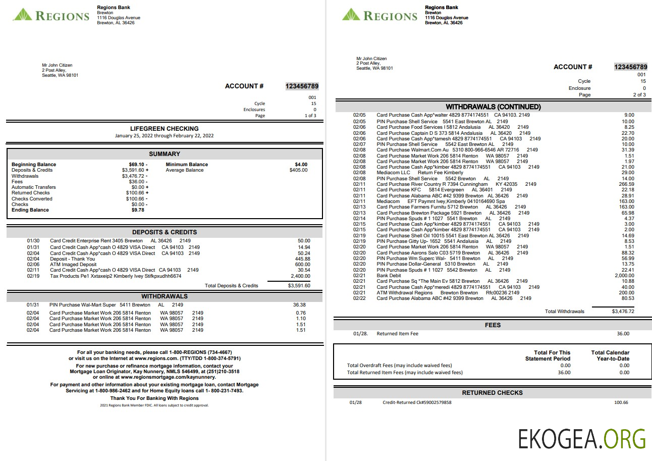 Relevé bancaire des régions des États Unis, modèle Word et PDF, 4 pages